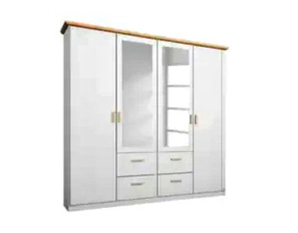 Dulap cu 4 usi cu balamale si 4 sertare KOLDING 187x214x57cm alb alpin/ oglinda, manere si decor frasin Coimbra