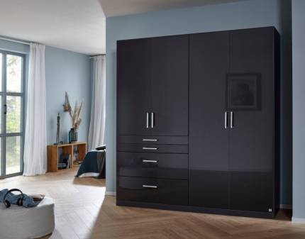 Dulap cu 4 usi cu balamale si 4 sertare HOMBURG 181x197x54cm gri metalic/ gri lucios, manere crom