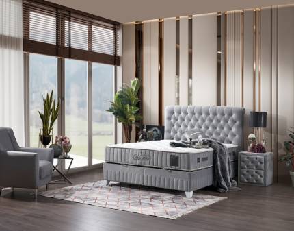 Pat tapitat cu saltea si spatiu pentru depozitare SENSITIVE (180x200cm) grey  