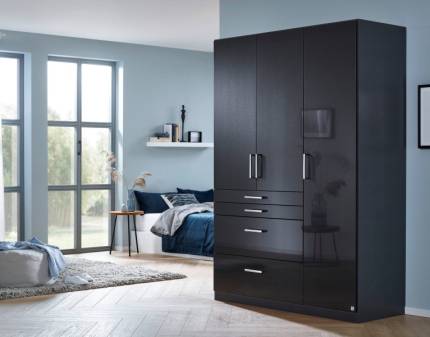 Dulap cu 3 usi cu balamale si 4 sertare HOMBURG 136x197x54cm gri metalic/ gri lucios, manere crom