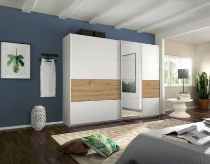 Dulap cu usi glisante BOSTON EXTRA 271x210x62cm alb alpin/ stejar Artisan - oglinda, maner alb alpin