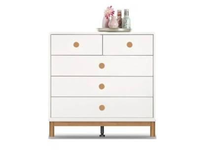 Comoda cu 5 sertare FREYJA 93x92x42cm alb alpin, manere si picioare stejar