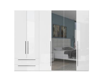 Dulap cu 6 usi si 2 sertare PIANO WHITE 272x224x56cm alb lucios/ oglinda, maner crom