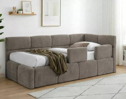 Pat tapitat cu somiera, spatiu pentru depozitare si protectii pentru pat EMMA RAVEN (120x200cm) material textil cappuccino