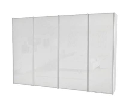 Dulap cu 4 usi glisante 373x222x68cm alb mat/ sticla alba, maner aluminiu model 3 SINFONIE PLUS 