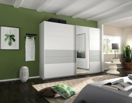 Dulap cu usi glisante BOSTON EXTRA 271x210x62cm alb alpin/ silk grey - oglinda, maner alb alpin