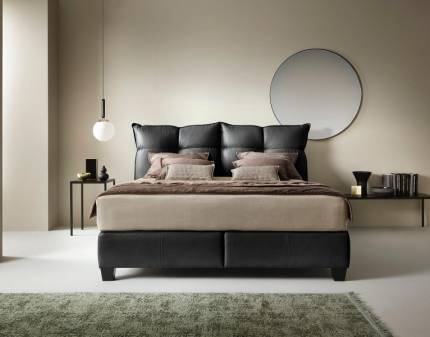 Pat tapitat cu somiera tip placa CADIS 140/ 160/ 180cm piele natruala, personalizabil