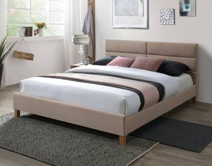 Pat tapitat cu somiera SIERRA VELVET (160x200cm) catifea beige, picioare nuanta lemnului