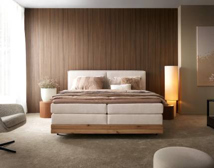 Pat Boxspring  din lemn masiv NEBIA 140/ 160/ 180cm cu spatiu pentru depozitare, personalizabil