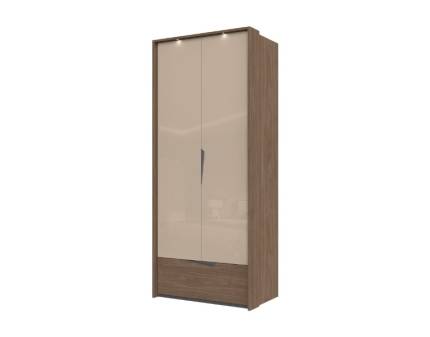 Dulap cu 2 usi cu balamale si 1 sertar LEFT 97x226x60cm Mokka HG lucios + Linkoln Walnut, manere incorporate antracit, cu rama passepartout cu LED