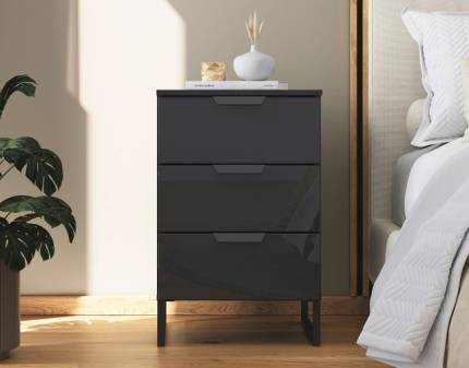 Noptiera cu 3 sertare ADITIO 40x74x42cm gri metalic/ sticla basalt 