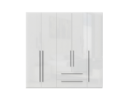 Dulap cu 5 usi si 2 sertare PIANO WHITE 227x224x56cm alb lucios, maner crom
