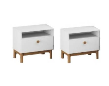 Set 2 noptiere cu 1 sertar si spatiu liber FREYJA 50x44x42cm alb alpin, picioare si manere stejar