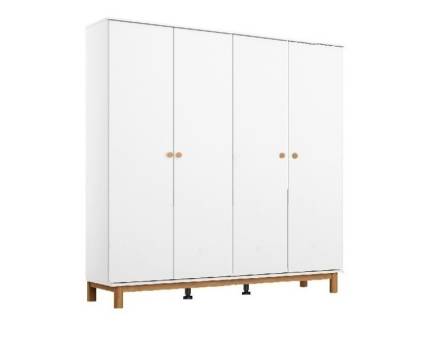 Dulap cu 4 usi cu balamale FREYJA 181x206x53cm alb alpin, picioare si manere stejar