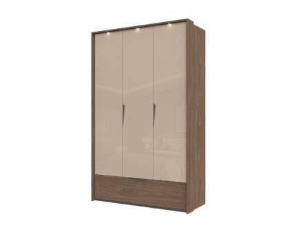 Dulap cu 3 usi cu balamale si 1 sertar LEFT 146x226x60cm Mokka HG lucios + Linkoln Walnut, manere incorporate antracit, cu rama passepartout cu LED 