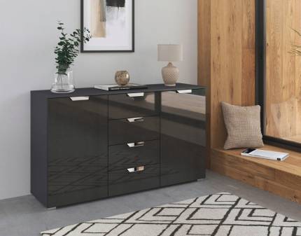 Comoda cu 2 usi si 4 sertare ADITIO GLAMOUR 120x81x42cm gri metalic/ gri metalic lucios 