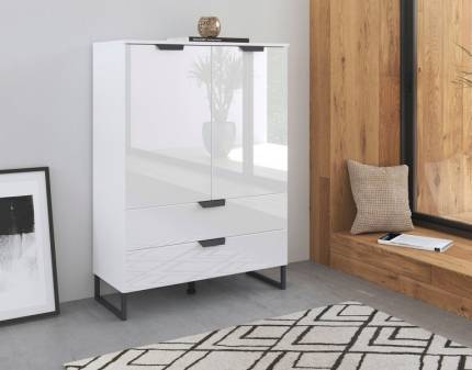 Comoda cu 2 usi si 2 sertare ADITIO 80x113x42cm alb alpin/ sticla alba 