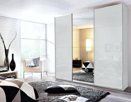 Dulap cu usi glisante KULMBACH 203x229x62cm alb alpin/ alb lucios - oglinda configurabil