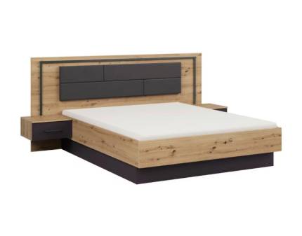 Cadru pat cu led si noptiere incorporate BILBAO (180x200cm) stejar artisan/ gri metalic - ecopiele neagra