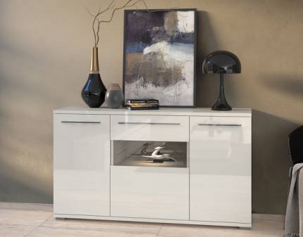 Comoda cu 3 usi cu portiune din sticla PIANO BEIGE 150x85x45cm bej lucios, manere crom