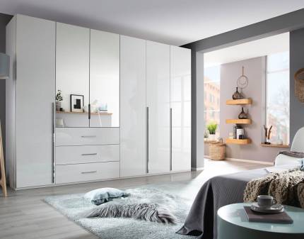 Dulap cu 6 usi cu balamale si 3 sertare MONTCLAR 301x223x60cm alb alpin/ alb lucios - oglinda