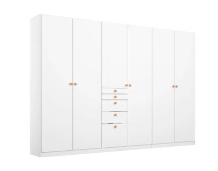 Dulap cu 6 usi cu balamale si 5 sertare FREYJA 271x210x54cm alb alpin, manere stejar