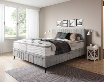 Pat tapitat cu spatiu pentru depozitare si somiera tip placa CAYA 140/ 160/ 180cm personalizabil, picioare negre