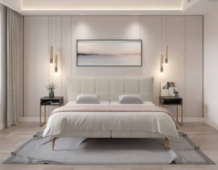 Pat tapitat cu spatiu pentru depozitare, saltea si topper incorporat JOLIN 140/ 160/ 180cm personalizabil, picioare aurii