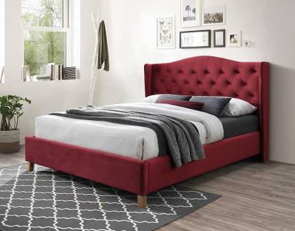 Pat tapitat cu somiera ASPEN VELVET (160x200cm) catifea bordo, picioare nuanta lemnului