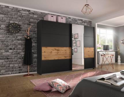 Dulap cu usi glisante BOSTON EXTRA 271x210x62cm gri metalic/ stejar - oglinda, maner gri metalic