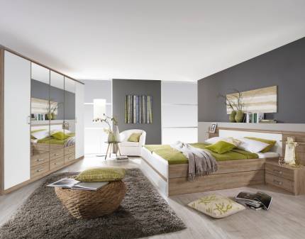 Cadru pat cu 2 noptiere incorporate si sertare pentru depozitare GANDRA (160x200cm) sanremo/ alb alpin