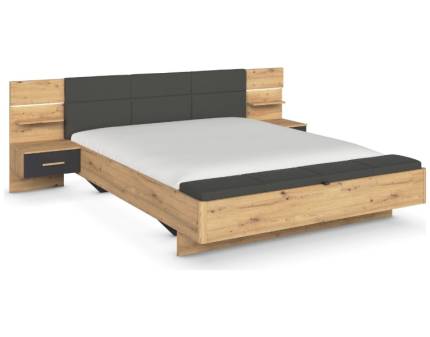 Cadru pat cu noptiere cu led incorporate MOSBACH (180x200cm) stejar Artisan/ gri metalic 