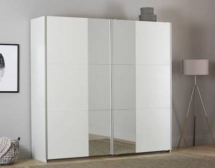 Dulap cu usi glisante FELLBACH 218x210x59cm alb alpin/ oglinda, maner aluminiu