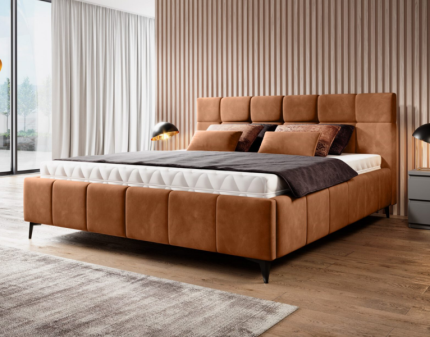 Pat tapitat cu somiera si spatiu pentru depozitare NAOMI 140/ 160/ 180cm personalizabil, picioare negre