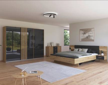 Dormitor XL stejar Artisan/ sticla basalt + gri metalic MOSBACH