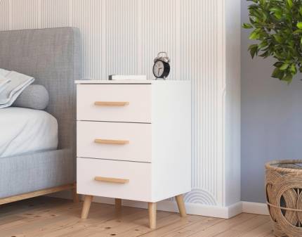 Noptiera cu 3 sertare ADITIO 40x74x42cm alb alpin, manere si picioare stejar