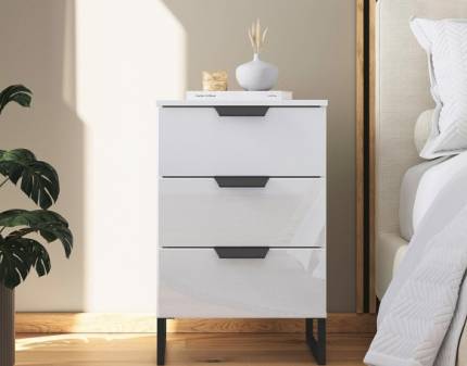 Noptiera cu 3 sertare ADITIO 40x74x42cm alb alpin/ sticla alba