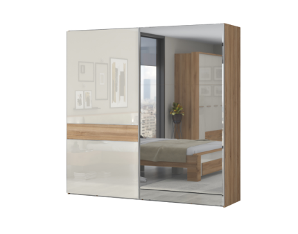 Dulap cu usi glisante GALA 230x224cm bej lucios/ nuc Pacific - oglinda, maner crom