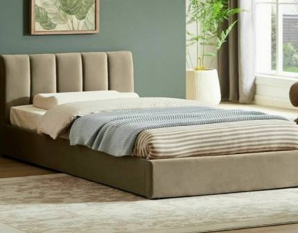Pat tapitat cu somiera si spatiu pentru depozitare MONTREAL VELVET (120x200cm) catifea beige