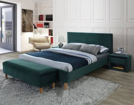Pat tapitat cu somiera AZURRO VELVET 160 / 180cm catifea green, picioare nuanta lemnului