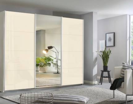 Dulap cu usi glisante KULMBACH 271x210x62cm alb alpin/ sticla champagne-oglinda configurabil