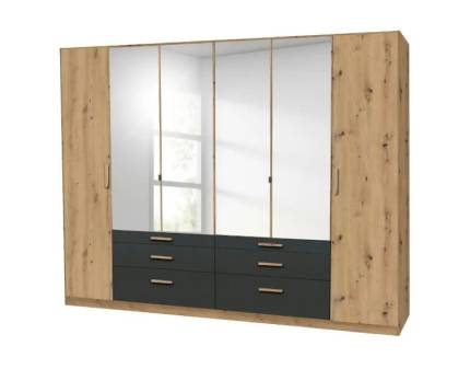 Dulap cu 6 usi cu balamale si 6 sertare MOSBACH 271x210x54cm stejar Artisan/ gri metalic