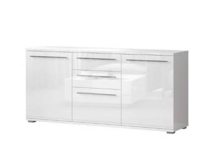 Comoda cu 3 usi si 2 sertare PIANO WHITE 180x85x45cm alb lucios, manere si picioare crom