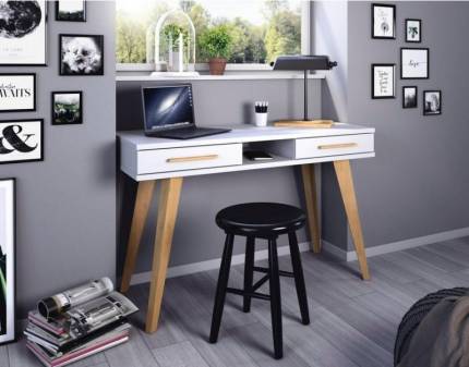 Birou cu 2 sertare si spatiu liber pentru depozitare CARLSSON 120x50x75cm alb alpin/ stejar