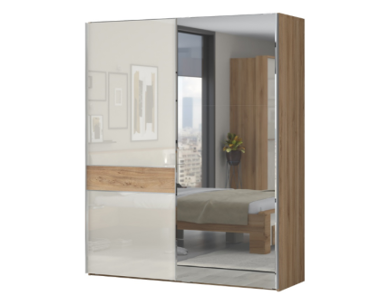 Dulap cu usi glisante GALA 182x224x61cm bej lucios/ nuc Pacific - oglinda, maner crom