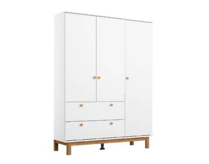 Dulap cu 3 usi cu balamale si 2 sertare FREYJA 136x206x53cm alb alpin, picioare si manere stejar