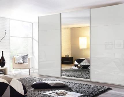 Dulap cu usi glisante KULMBACH 271x229x62cm alb alpin/ sticla alba-oglinda configurabil