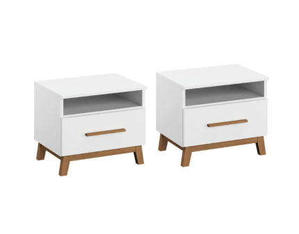 Set 2 noptiere cu 1 sertar si spatiu liber CARLSSON 47x41x44cm alb alpin, picioare si manere stejar