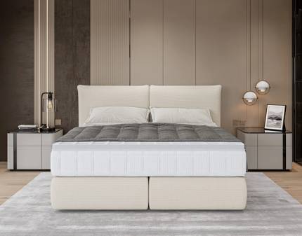 Pat tapitat LOU cu somiera si saltea UNIQUE BAMBOO inclusa 140/ 160/ 180cm minimalist, personalizabil 