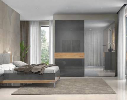Dormitor ONYX antracit lucios/ nuc Pacific (pat 160x200cm+dulap 230x224x61cm+comoda 4dw+noptiere 1dw)